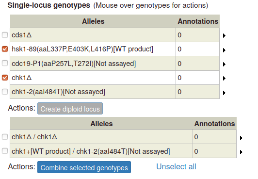 single-locus genotype table with two selections